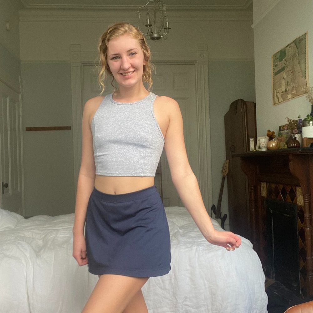 Navy & White Striped JoyLab Tight Workout Crop Top with Cut-out Back Size S